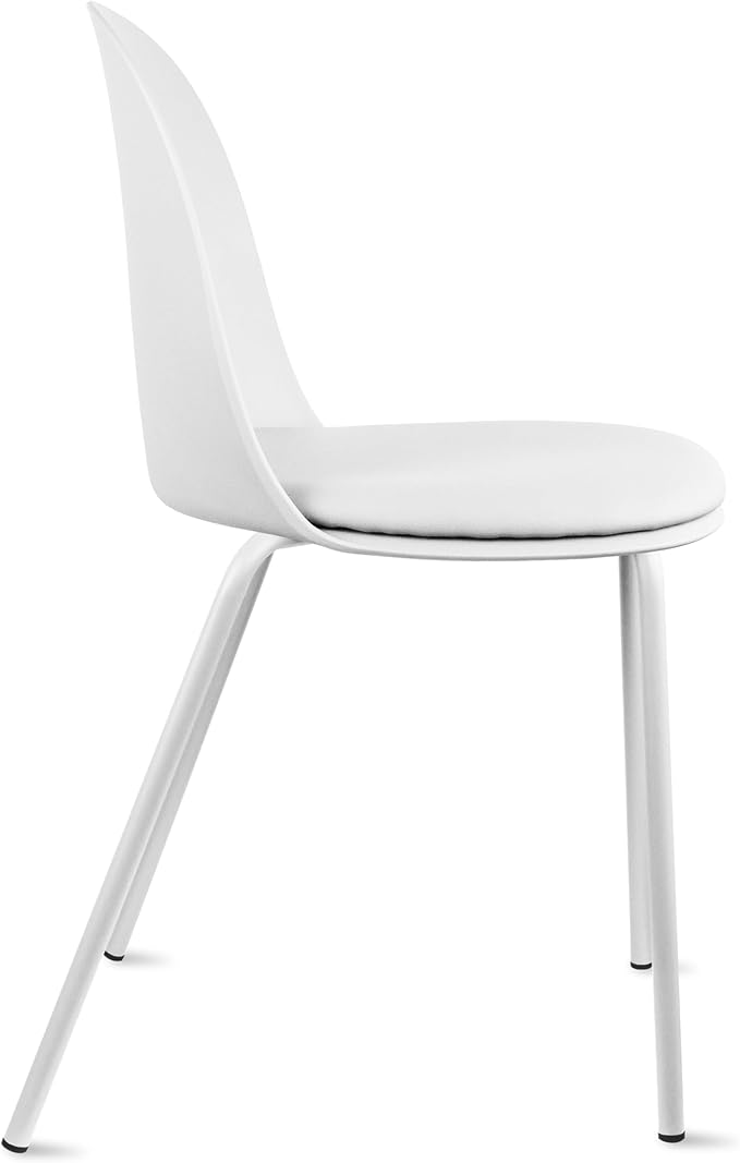 2xhome Modern Stackable Armless Dining Chair, Plastic Shell Seat with Upholstered PU Leather Cushion Padded Seat Metal Legs for Home Kitchen Patio Cafe, White
