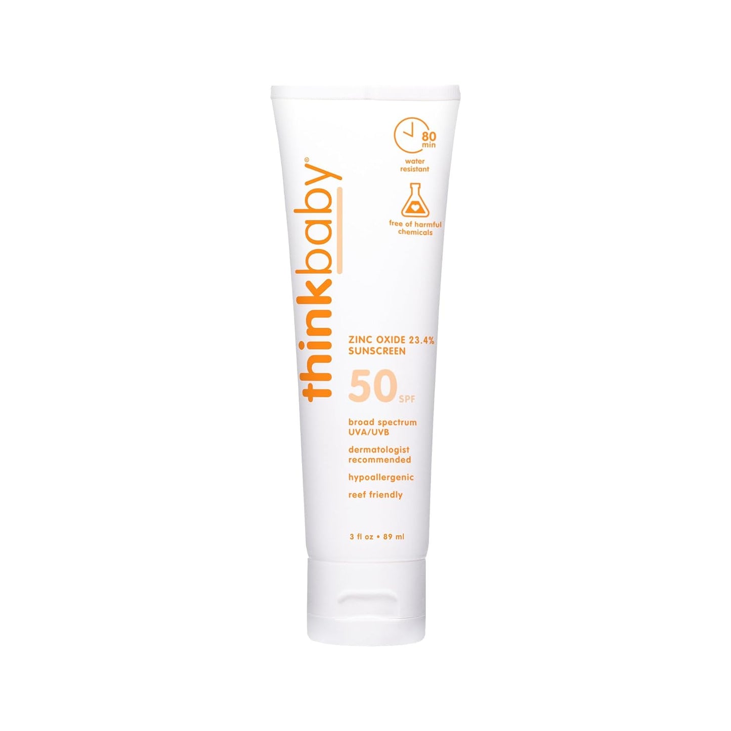 Thinkbaby SPF 50+ Baby Mineral Sunscreen – Safe, Natural Sunblock for Babies - Water Resistant Sun Cream – Broad Spectrum UVA/UVB Sun Protection – Vegan Baby Sunscreen Lotion, 3 Oz.