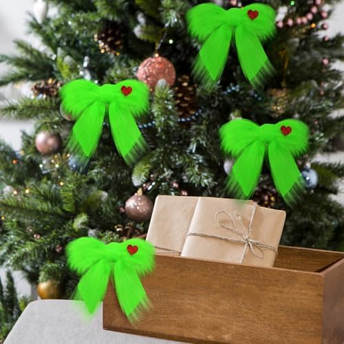 RoundFunny 4 Pcs Christmas Large Green Furry Bow with Red Heart Lime Green Christmas Tree Topper Bow Decoration Gift for Xmas Home Decor Outdoor Indoor Car Ornament