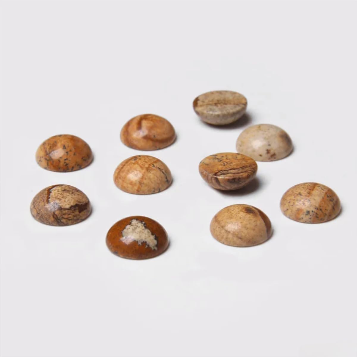 20pcs 12mm Natural Stone No Hole Brown Picture Semicircle Smooth Cabochons Beads Healing Chakra Crystal Stone Bead for Jewelry Making Rings Earrings Necklace Bracelet DIY Crafts