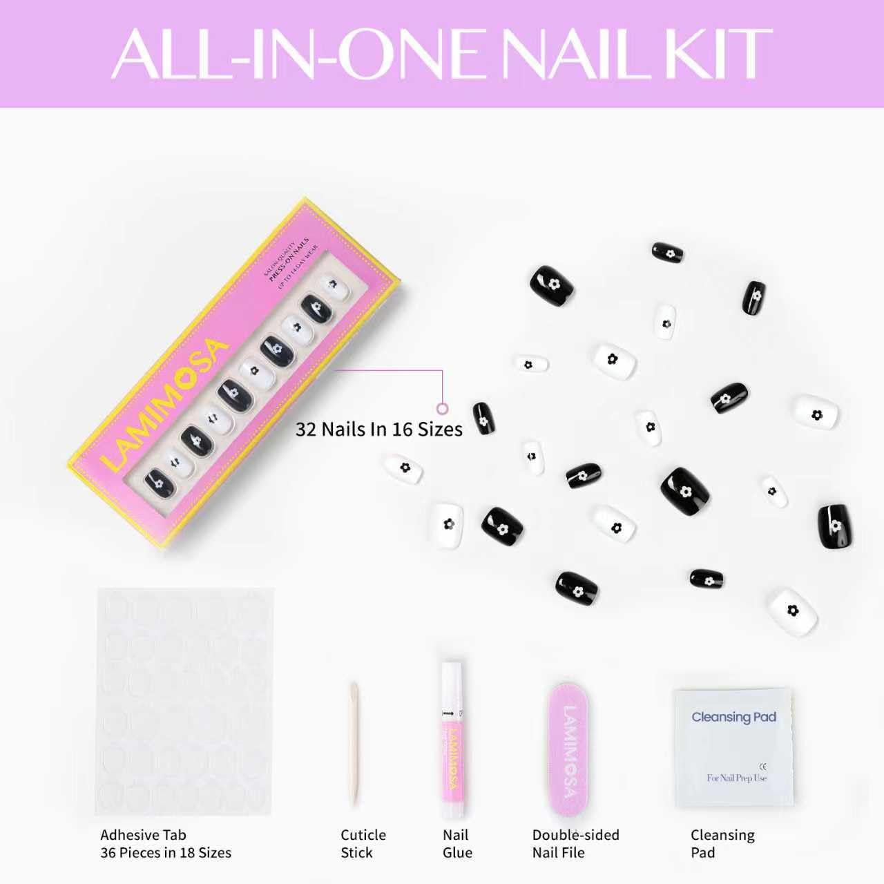 LAMIMOSA 32Pcs Daisy Flower Press On Nails Short Square in 16 Sizes – Black n White Fake Nails with Glue, Soft Gel GLue On Nails kit, Spring Summer False Nails, DAISY