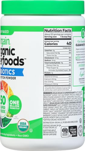 Orgain Organic Greens Powder + 50 Superfoods, Original - 1 Billion Probiotics for Gut Health, Antioxidants, Vegan, Plant Based, Gluten Free, Non GMO, Dairy Free Juice & Smoothie Mix - 0.62lb