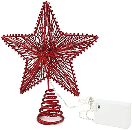 CVHOMEDECO. Red Glittered 3D Tree Top Star with Warm White LED Lights and Timer for Christmas Tree Decoration and Holiday Seasonal Décor, 8 x 10 Inch