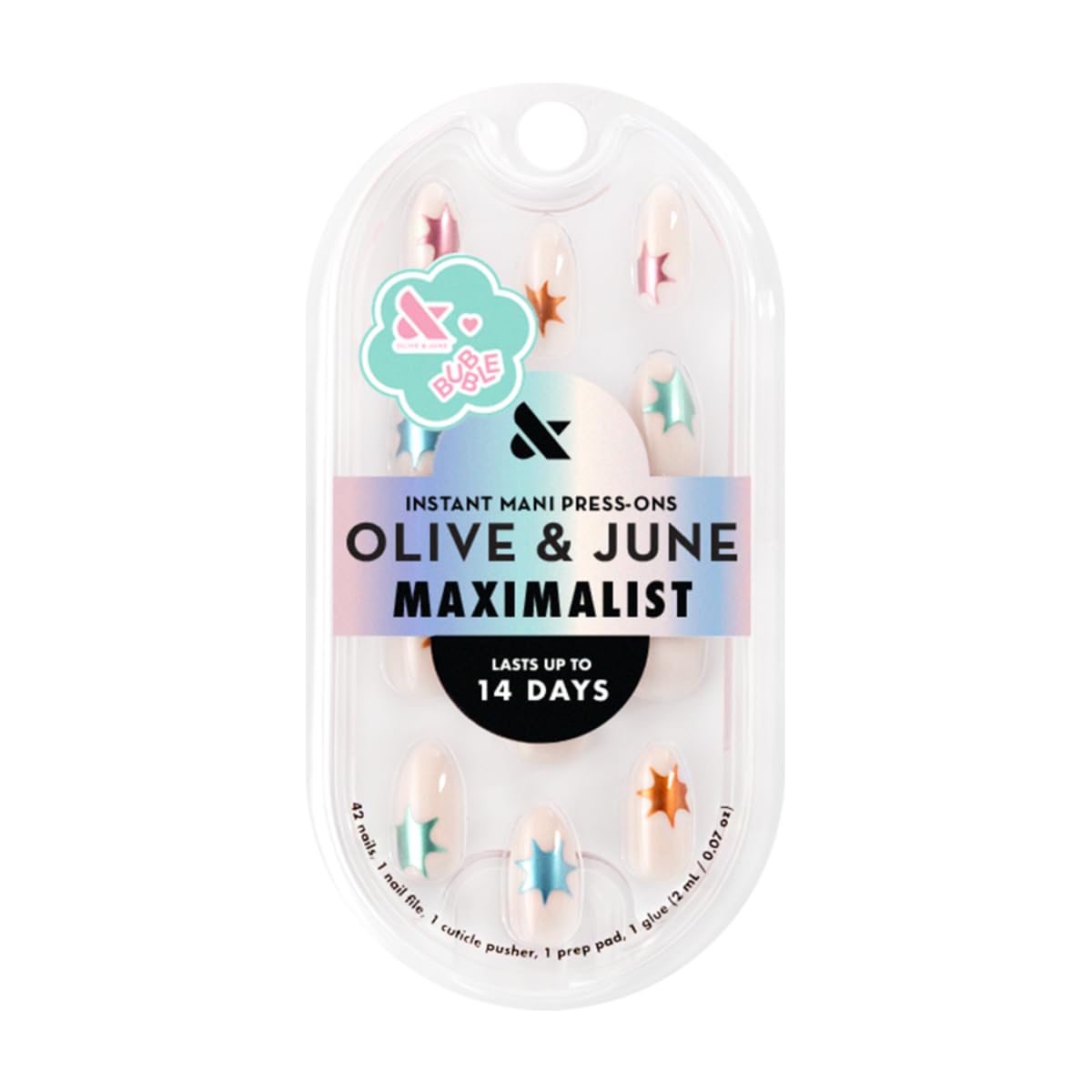 Olive & June Maximalist Instant Mani Press-On Nails (Glue) | 42 Fake Nails, 21 Sizes | Non-Toxic, Long-Lasting Big, Bold Gorgeous Realistic Look | Salon-Quality at Home | Medium, Almond | Chrome Burst
