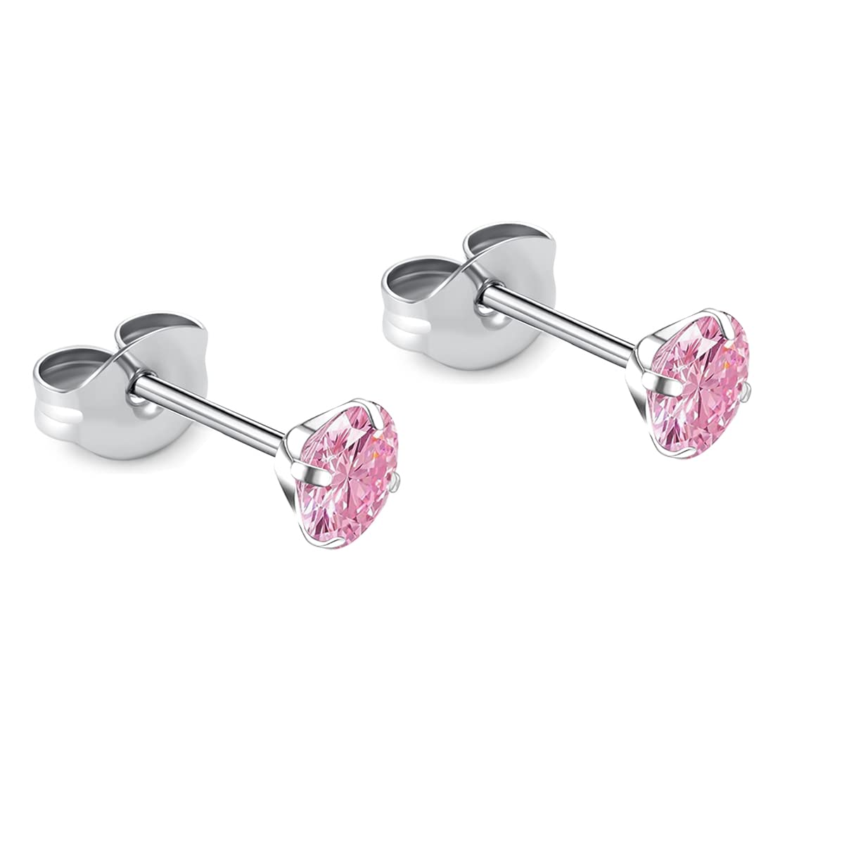 1 Pair Implant Grade Titanium Stud Earrings Set Hypoallergenic 3mm 4mm 5mm 6mm Cubic Zirconia G23 Titanium Earring Studs for Women Men for Sensitive Ear (4mm pink)