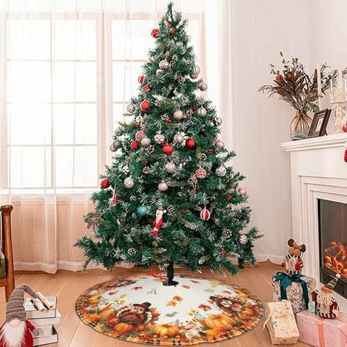 Thanksgiving Christmas Tree Skirt 36 Inch Fall Turkey Pumpkin Xmas Tree Mat Party Decor Supplies for Holiday Home Decorations