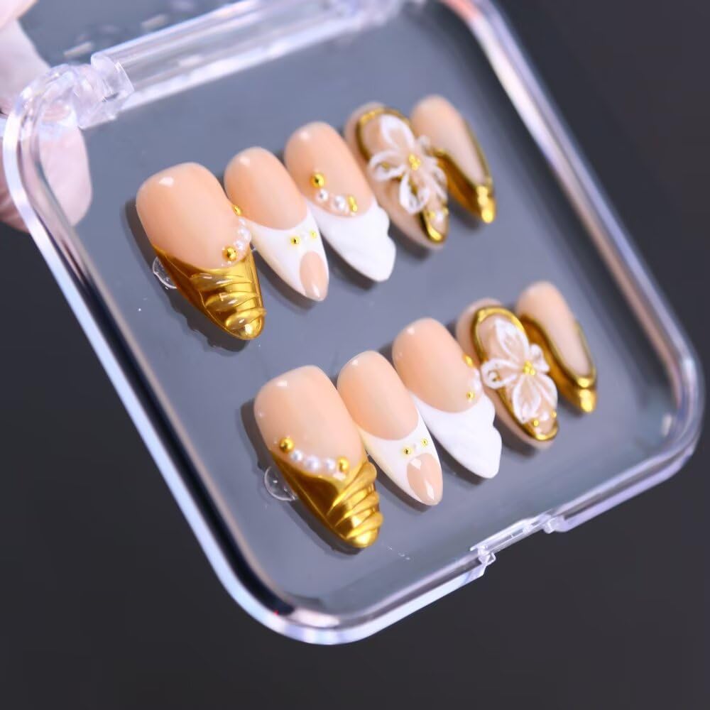 MAGLFELL Press On Nails - Handmade French Almond Fake Nails, French Nails Design, Reusable Artificial Almond False Nails for Women 10 Pcs 3D Acrylic Nails Kit (Size M)