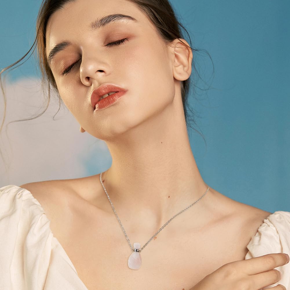 SUPERFINDINGS 2Pcs Perfume Bottle Necklace Essential Oil Diffuser Necklace Pink Natural Rose Quartz Perfume Bottle Pendant with 304 Stainless Steel Chain Gemstone Vial Pendant for Woman Men