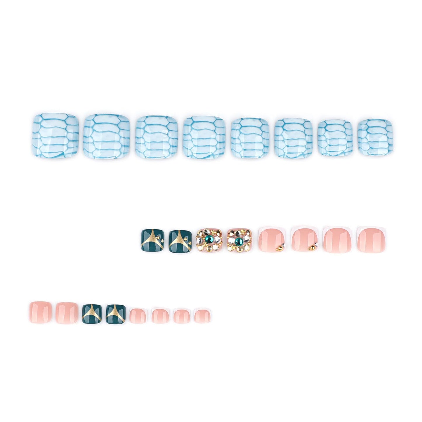 RUOKEXIN Short Press on Toenails French Tip Fake Toenails with Rhinestones Designs Square Toe Nail Press ons Sparkly Artificial Nails for Women 24Pcs