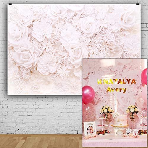 AOFOTO 5x3ft White Flowers Wall Backdrop Elegant Roses Romantic Wedding Decor Bridal Shower Photography Background Baby Girl Artistic Portrait Valentines Mother's Day Photoshoot Studio Props Wallpaper - size: 5x3ft