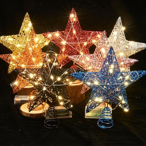 Emopeak 20 LED Christmas Tree Topper, 8 x 10 Inch Indoor Iron Art Star Treetop Light, Two Modes (Keep Light ON/Flash) (Gold, 8"/20CM)
