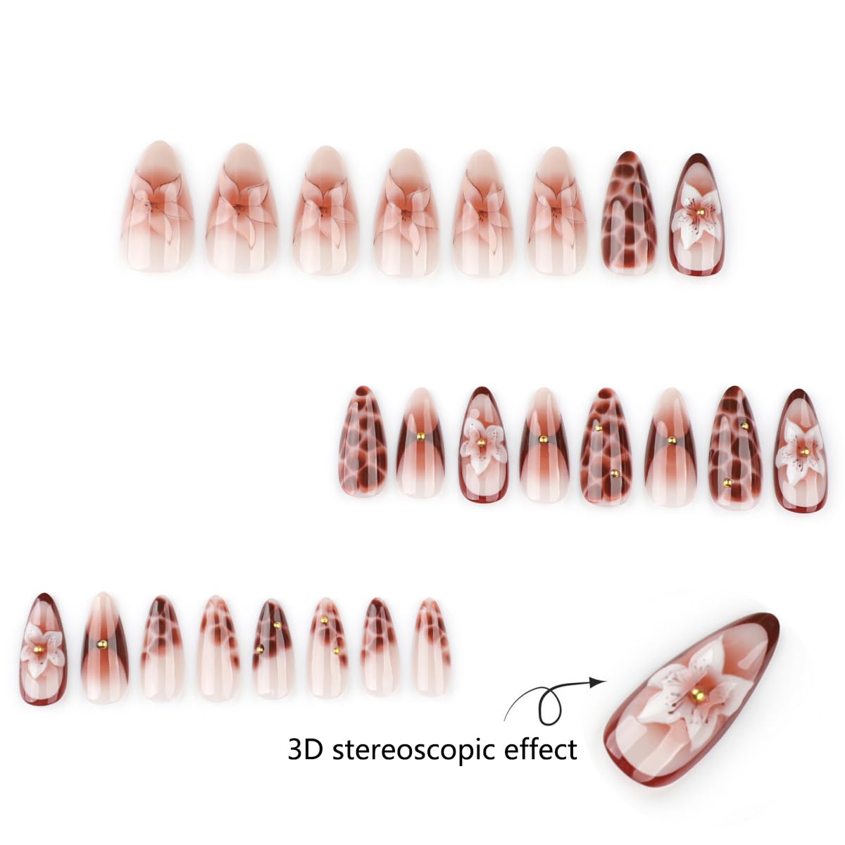 French Tip Press on Nails Medium Almond 3D Summer Flower Fake Nails with Glue Gold Beads Stick on Nails Full Cover Brown Glossy Acrylic False Nails for Women DIY Manicure Decoration 24PCS