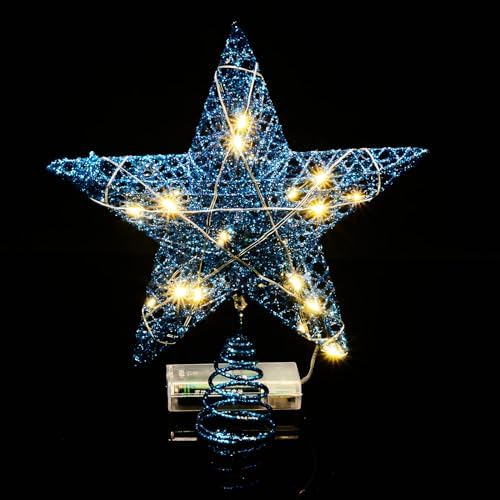 Emopeak 20 LED Christmas Tree Topper, 8 x 10 Inch Indoor Iron Art Star Treetop Light, Two Modes (Keep Light ON/Flash) (Blue, 8"/20CM)