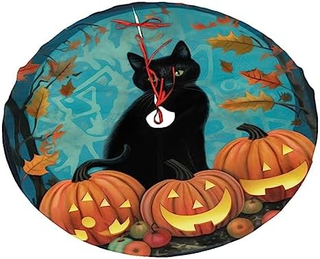 Black Cats Pumpkins Leaves Christmas Tree Skirts 30", Xmas Tree Cloth Mats Trees Skirts for Indoor Decor Gift, Home Decoration