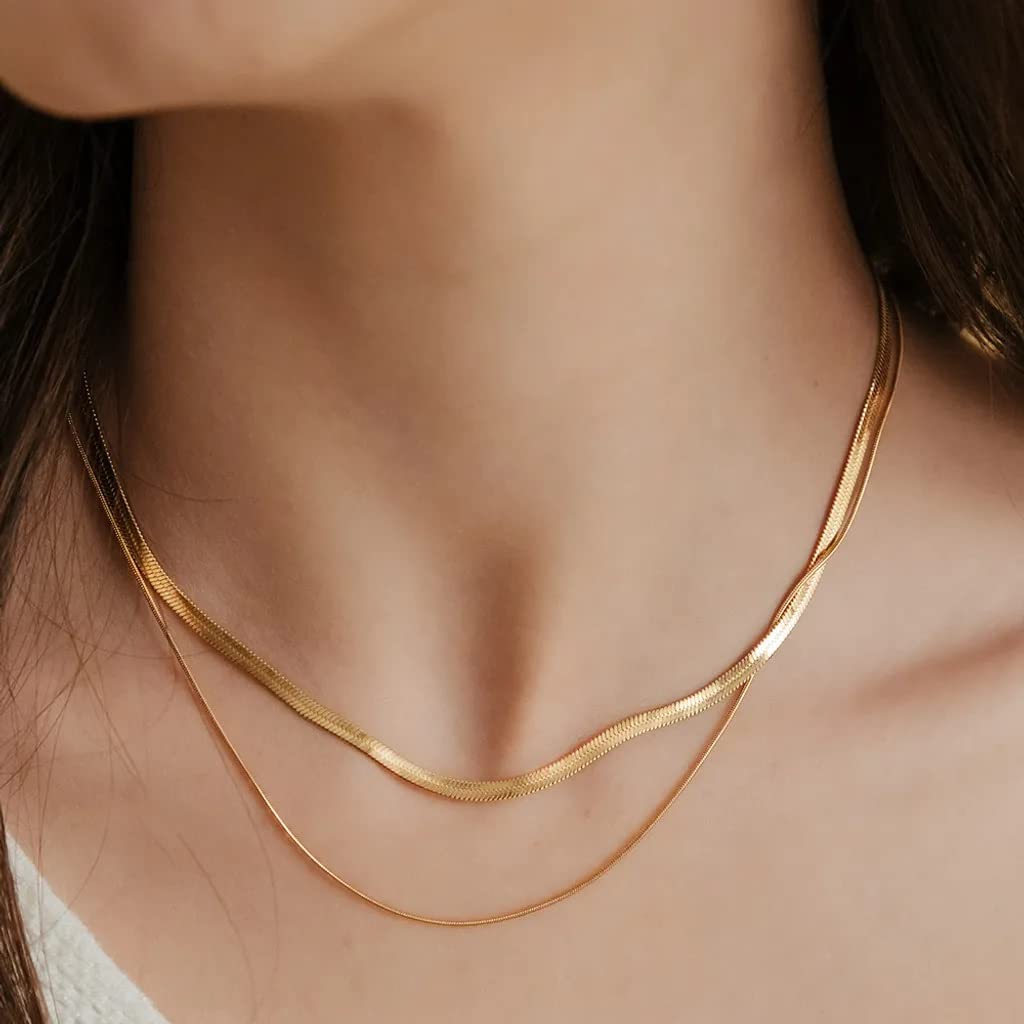 Freekiss Gold Herringbone Necklace for Women, Dainty 14k Gold Plated Flat Snake Gold Chain Choker, 16.5 inches, Perfect for Layering and Gifting