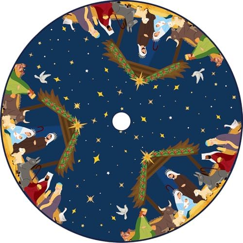 Navy Blue Nativity Scene Christmas Tree Skirt 48 inch Religious Jesus Nativity Scene Xmas Tree Collar Christian Christmas Tree Mat Holiday Jesus Indoor Outdoor Party Decor