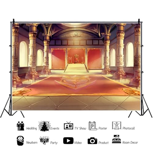 5x4ft Luxury Palaces Photo Backdrop Ancient Royal Throne Golden Hall Carpet Marble Pillar Photography Background Wedding Birthday Kids Costume Party Princess Prince King Queen Portrait - size: 5x4ft