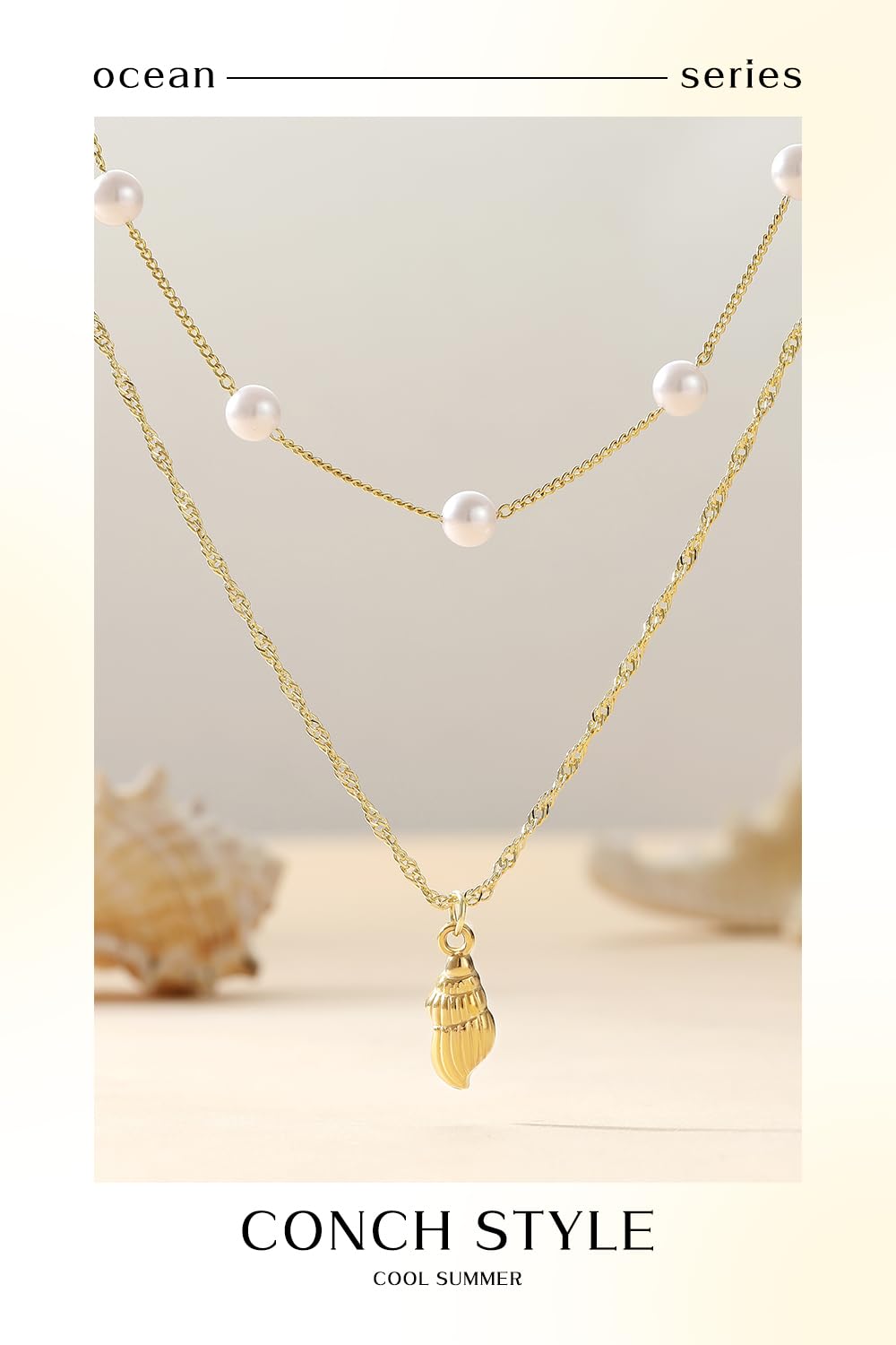 Beach Layered Starfish Necklace for Women, 14K Gold Plated Shell Conch Seashell & Pearl Charm Pendant, Dainty Coastal Summer Vacation Jewelry