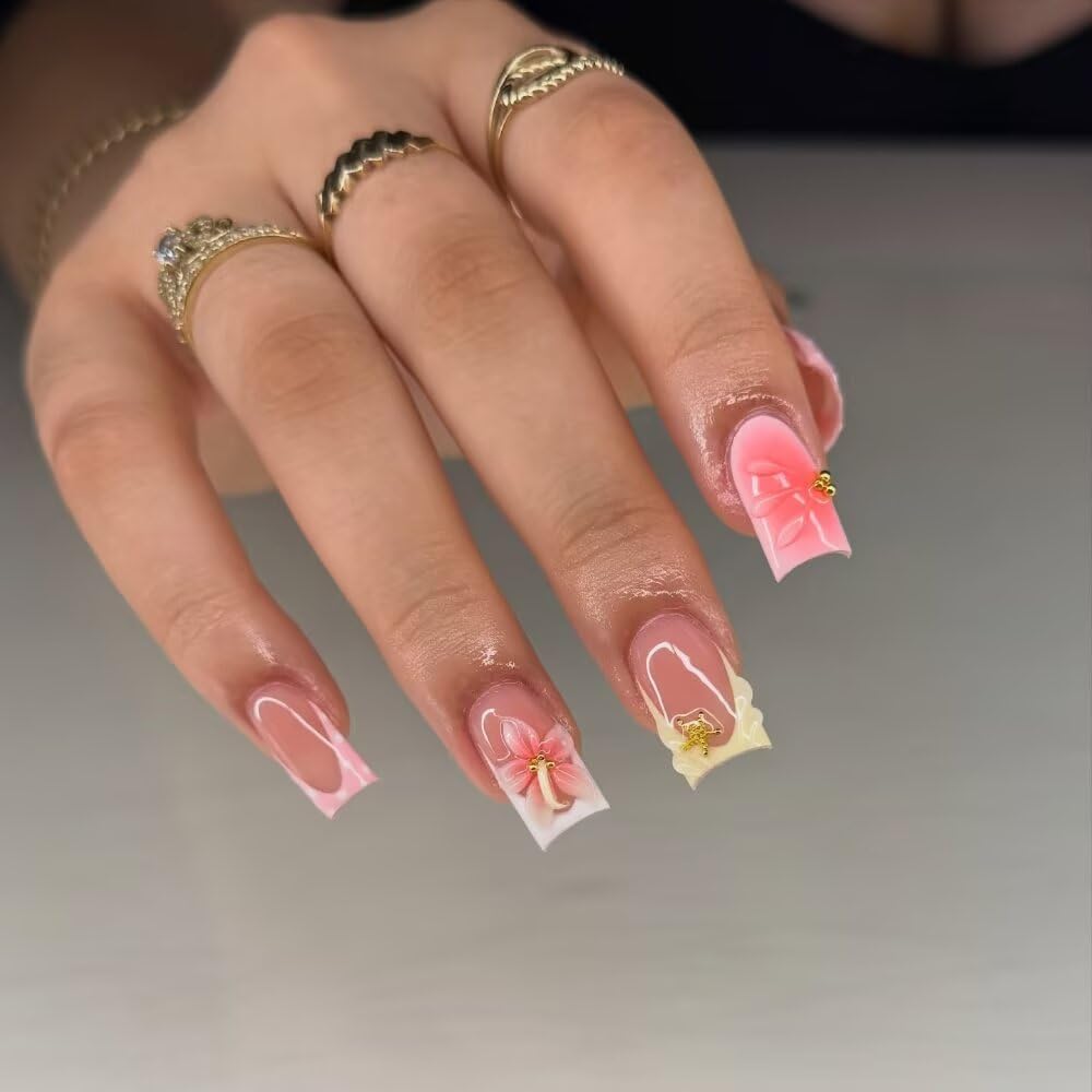 Spring Press On Nails MAGLFELL Handmade 10Pcs Short Fake Nails, 3D Carving Floral and Gold Plated Decoration Design, Reusable Acrylic Fingernail Salon Artificial Nails Kit (Size M)