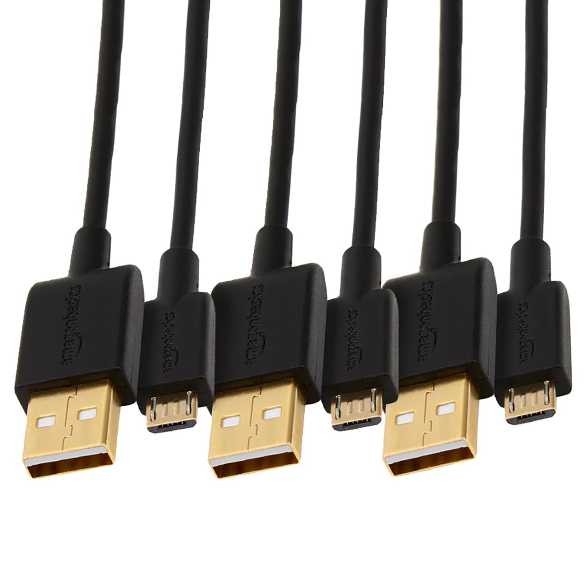 Amazon Basics 3-Pack USB-A to Micro USB Charging Cable, 480Mbps Transfer Speed with Gold-Plated Plugs, USB 2.0, 3 Foot, Black