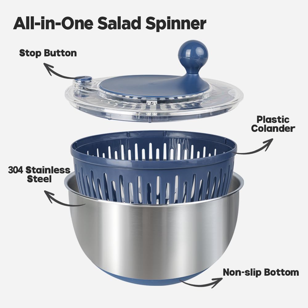Stainless Steel Salad Spinner, 5.3 Qt Lettuce Spinner with Non-Slip Base, Drain and Stop Button, Fruit and Vegetable Washer and Dryer Spinner