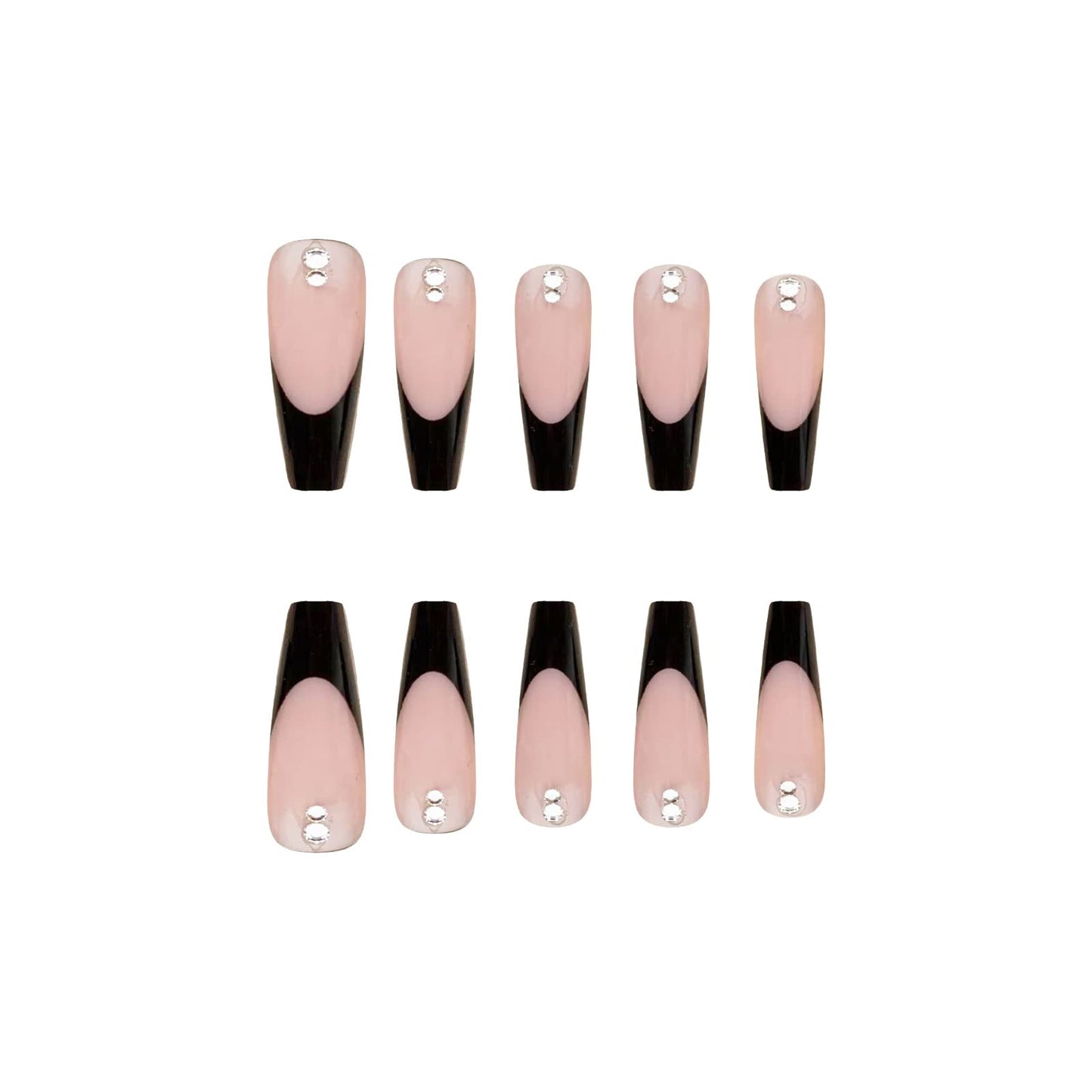 MISUD Press on Nails - Long Coffin Fake Nails with Black French Tip, Acrylic Rhinestone Design 24 pcs