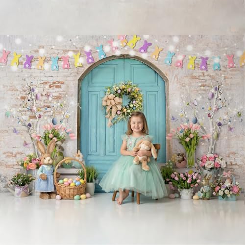 Mocsicka Easter Backdrop Blue Wooden Door with Brick Wall Bunny Rabbit Spring Photography Background Easter Day Party Decorations Photo Studio Props - size: 7x5ft (82x60 inch)