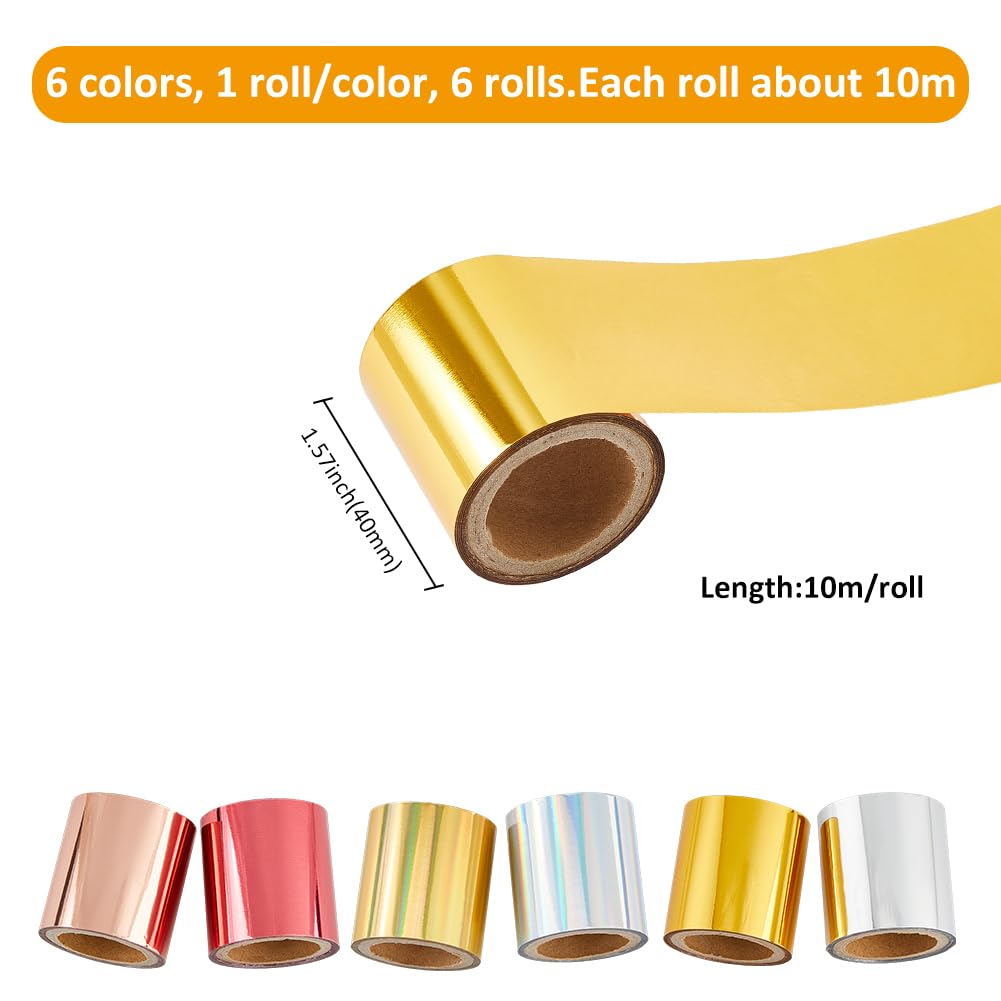 SUPERFINDINGS 6 Rolls 6 Colors Total 60m PET Hot Foil Transfer Roll Hot Foil Stamping Paper 4cm Width Heat Transfer Foil Elegance Craft Paper, 10m/Roll