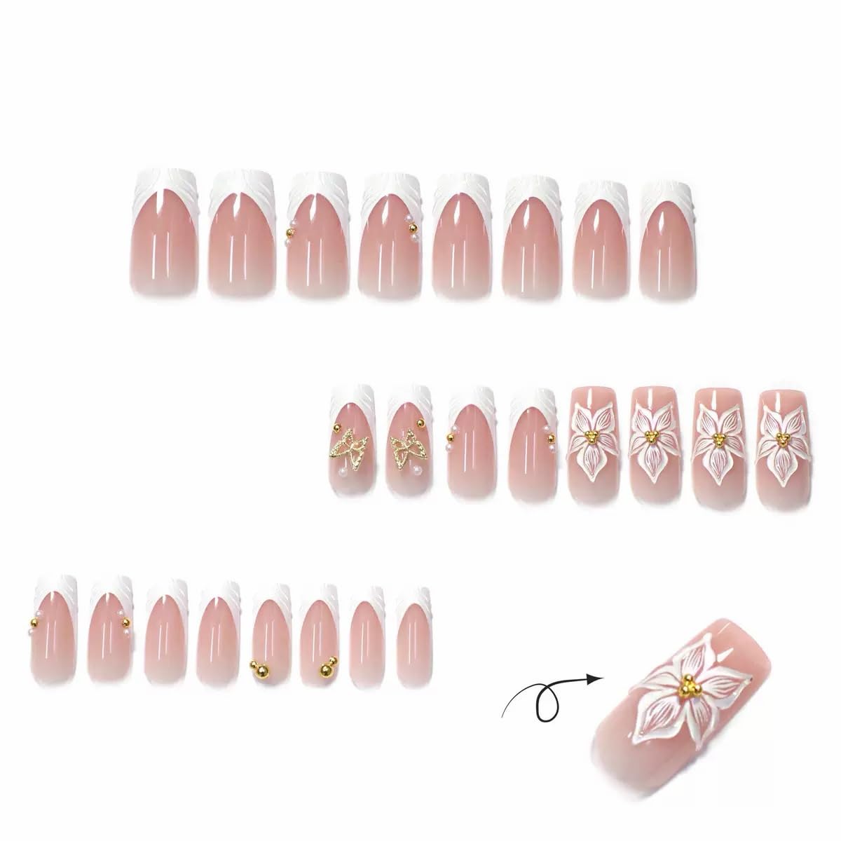 CTTHNBD Press on Nails Square - White French Tip Fake Nails with Flower Butterfly Design - Medium Long False Nails - for Women 24 Pcs