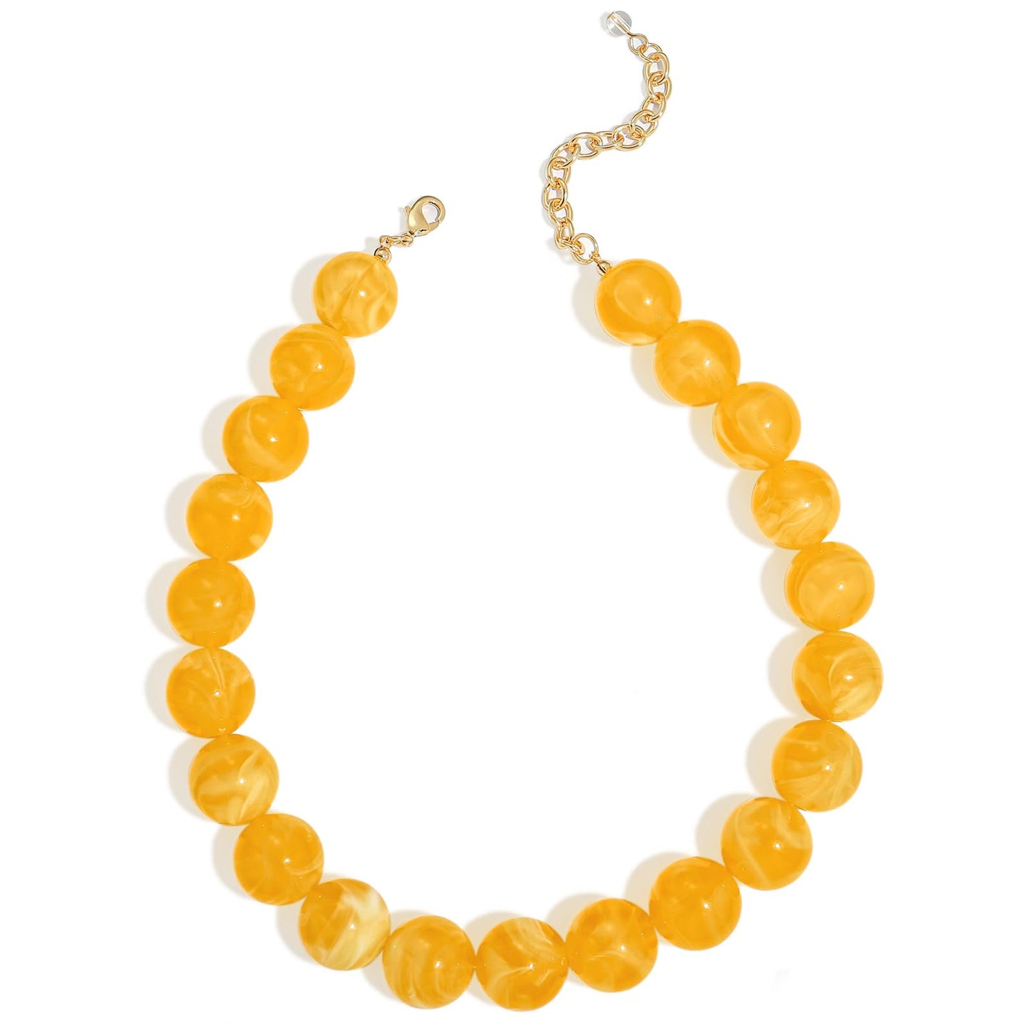 FAUTHENTICUTE Swirled Yellow Beaded Necklace for Women Chunky Resin Bead Strand Necklace Boho Yellow Polished Round Beads Statement Collar Summer Beach Jewelry Gifts