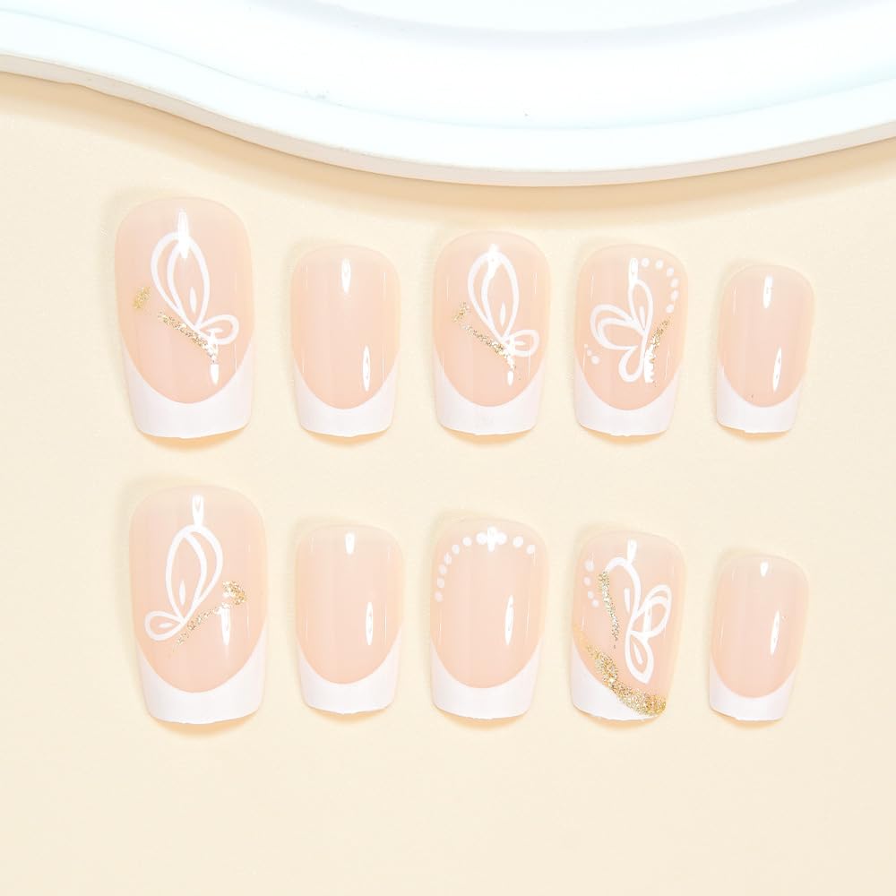 White French Tip Press on Nails Medium Square Fake Nails with Butterfly Design Glossy Full Cover Stick on False Nails for Women 24 Pcs