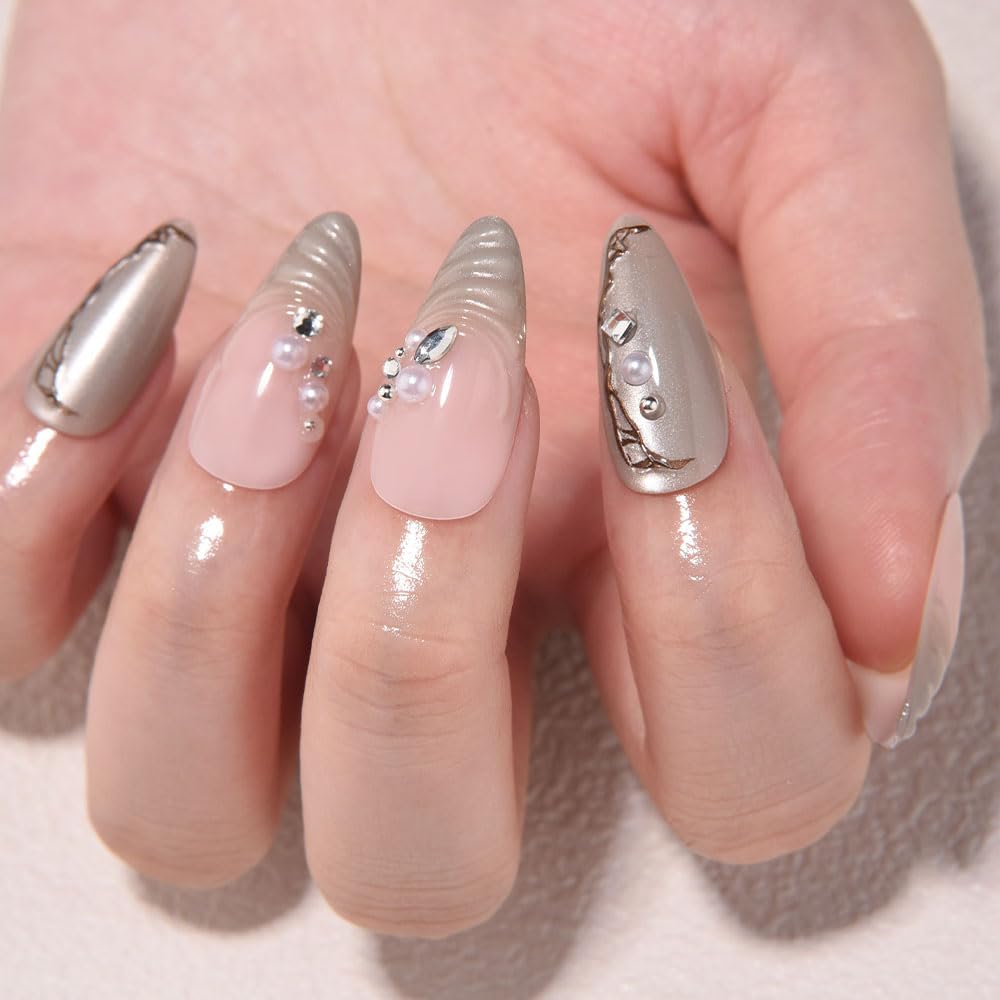 evpct Nude Pink 3D Press on Nails Short Almond No Glue with Wave Pearl Design, 3D Wave Tip Stick on Nail for Women Gift, Reusable Full Cover Soft Press on Fake Nail Perfectly Fit with Diamond Design