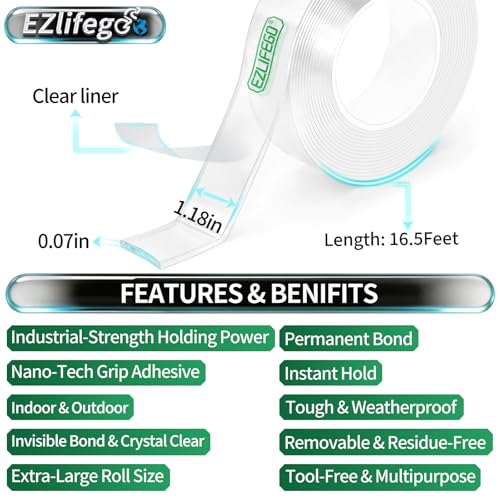 EZlifego Double Sided Tape Heavy Duty(Extra Large 16.5FT), Nano Adhesive Mounting Tape Wall Decor,Sticky Picture Hanging Adhesive Strips Poster Tape - size: 16.5 Feet