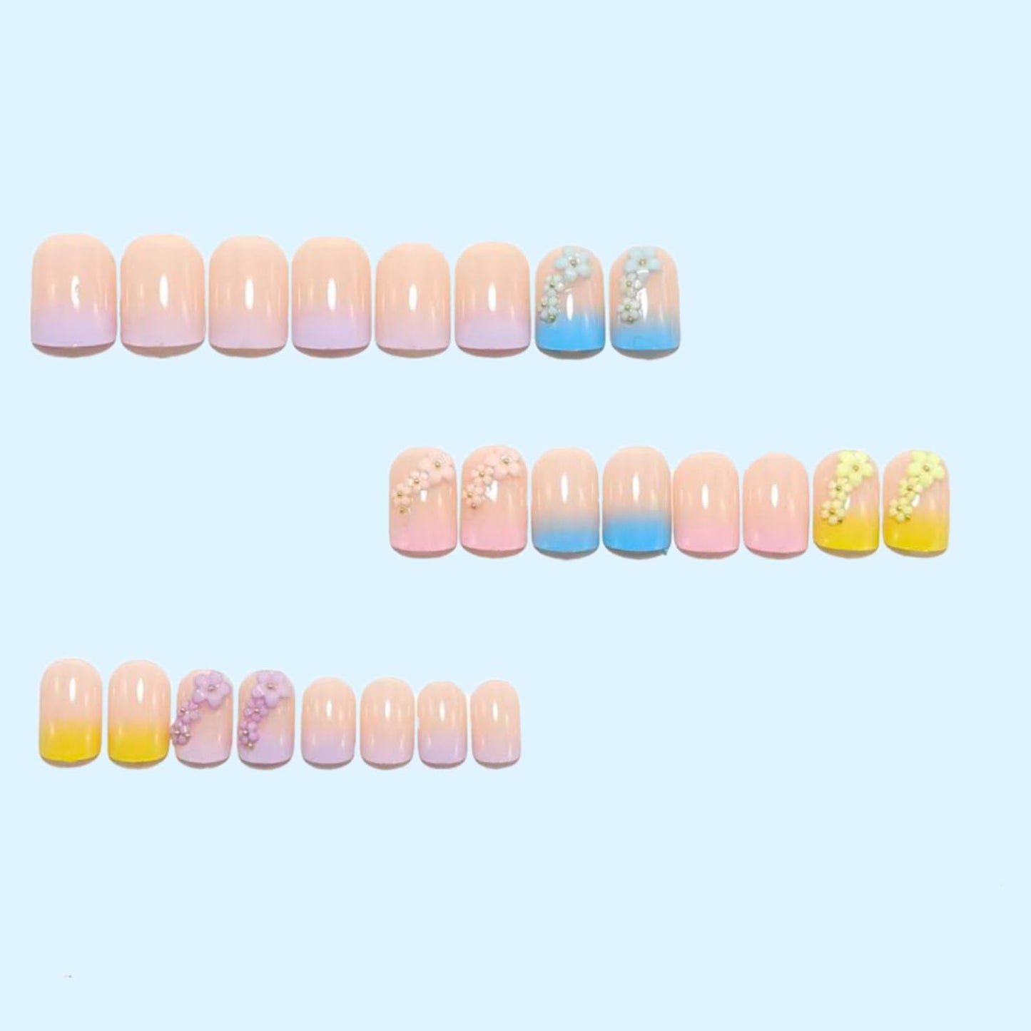 Flower Press on Nails Short Square Fake Nails Spring False Nails with Flowers Charms Design Gradient Colorful Artificial Nails Full Cover Glossy Summer Floral Stick on Nails for Women DIY Manicure