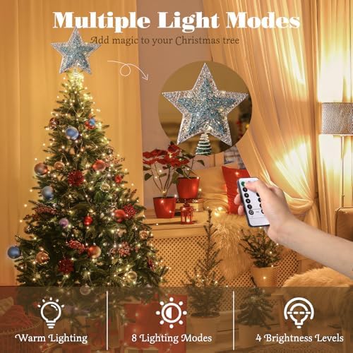 Lewondr Lighted Christmas Star Tree Topper with Remote & Timer, Blue&Silver