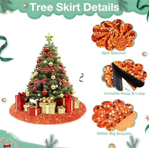 21 Inches Mini Christmas Tree Skirt - Orange Sequins for Pencil Tree Mat, Burnt Orange Glitter Halloween Skirt, Small Velvet for 4ft Xmas Tree Decorations