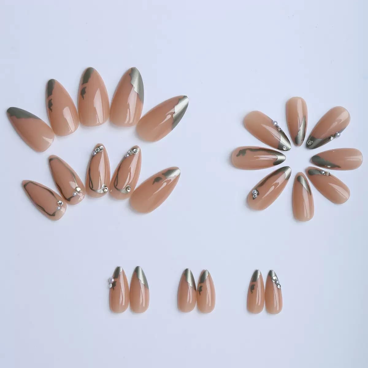 CTTHNBD Press on Nails Medium - Almond Fake Nails with Silver Line Design - Rhinestone, Full Cover Stick on False Nails for Women 24 Pcs
