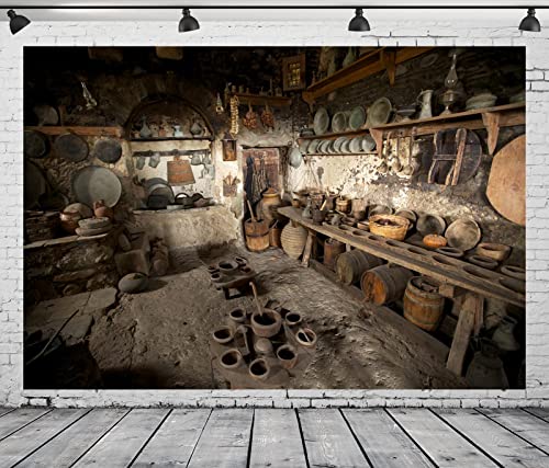 BELECO 9x6ft Fabric Rustic Old Rural Farmhouse Kitchen Backdrop Interior Pottery Kitchen Appliance Cooking Background Backdrop Countryside Theme Party Church Event Portrait Photo Studio Props - size: 9x6FT