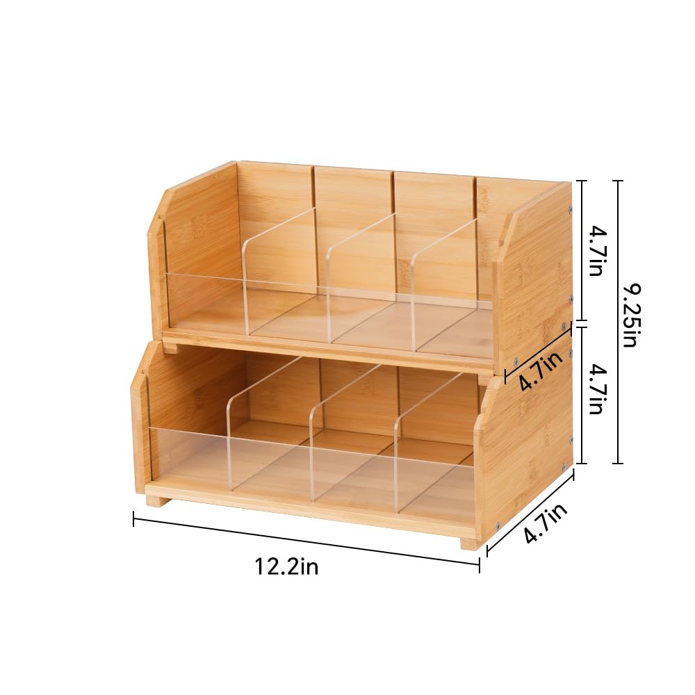 DOUKE Wooden Tea Bag Organizer – 2-Tier Stackable Tea Box with Adjustable Dividers, Safe Bamboo Tea Storage, Countertop Tea Holder for Coffee Tea Station, Kitchen, Office