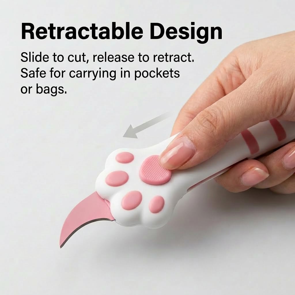 Cat Paw Box Cutter 2026 Retractable Cat Box Cutter with Cute Paw-Shaped Handle, Cat Box Paper Cutter Multifunctional Utility Knife for Effortlessly Opening Boxes, Cartons (PINK)