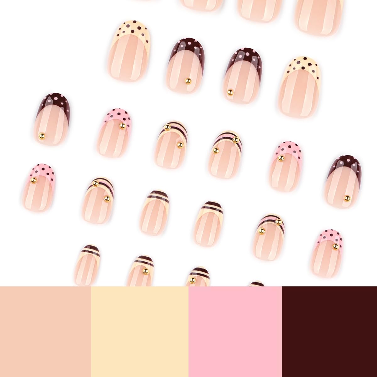 French Tip Press on Nails Short Oval Fake Nails Polka Dot False Nails Press ons with Gold Beads Design Glossy Cute Nails Artificial Acrylic Glue on Nails for Women Girls Manicure 24Pcs