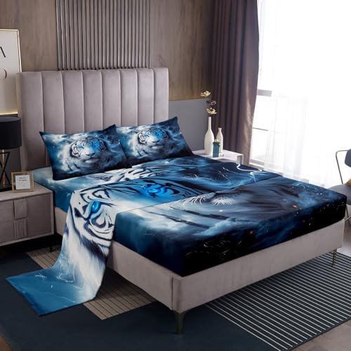Feelyou Tiger Bed Sheets Set Queen Size Safari Cat Print Bedding Set for Kids Boys Girls Wildlife Sheets with Deep Pocket Fitted Sheet Wild Animal Bedding Set - color: Black Blue, size: Queen