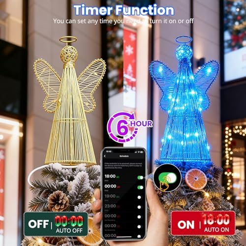 Christmas Tree Topper, 3D Gold Angel with Multi‑Color LED Lights, Smart APP Control and Music Sync Lighted Xmas Tree Topper for Indoor Home Desktop Decorations