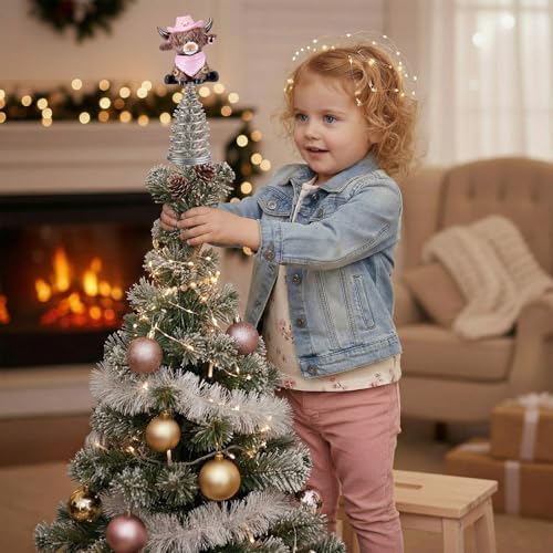 Gejoy Western Cowgirl Highland Cow Miniature Tree Topper, 5.1 Inches Mini Resin Calf Figurine with Pink Cowboy Hat & Bandana, Cute Cowgirl Cow Lovers Gifts for Western Farmhouse Home Office Decor