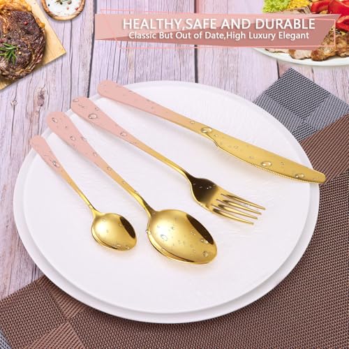 24 Pieces Flatware Set, Stainless Steel Cutlery Set with Silverware Holder, Modern Gold Silverware Set Includes Dinner Knives Forks Spoons,Hanging Silverware Set Service for 6 (Pink) - color: Pink