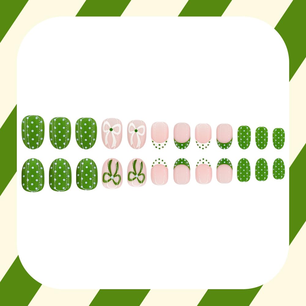 Spring Green Press on Nails Short Oval Fake Nails FrenchTip False Nails Press ons with Polka Dot, Bow Design,Cute Reusable Artificial Nail Full Cover Stick on Nails for Women Manicure 24Pcs