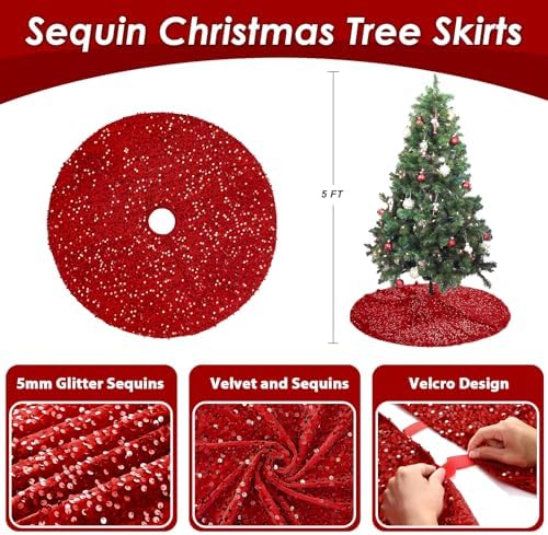 Christmas Tree Skirt 36 Inches Red Glitter Sequins Tree Skirt Thick Velvet Xmas Tree Skirt Mat Winter Holiday Xmas Tree
