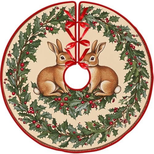 Rabbits Christmas Tree Skirt by Leo Walker Red White Cloth Christmas Tree Base Cover Skirts Decor for Xmas Party Holiday Home Garden Tree Skirt 36 Inch