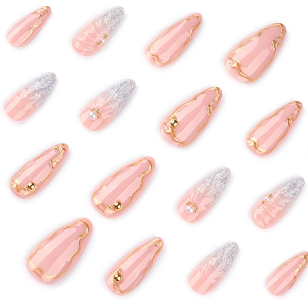 Medium Almond Press on Nails Skin Tone False Nails with 5D Pearl Waterdrop Shell Design Gold Irregular Lines Fake Nails Silver Glitter Glue on Nails Glossy Rhinestones Nail for Women Manicure 24Pcs