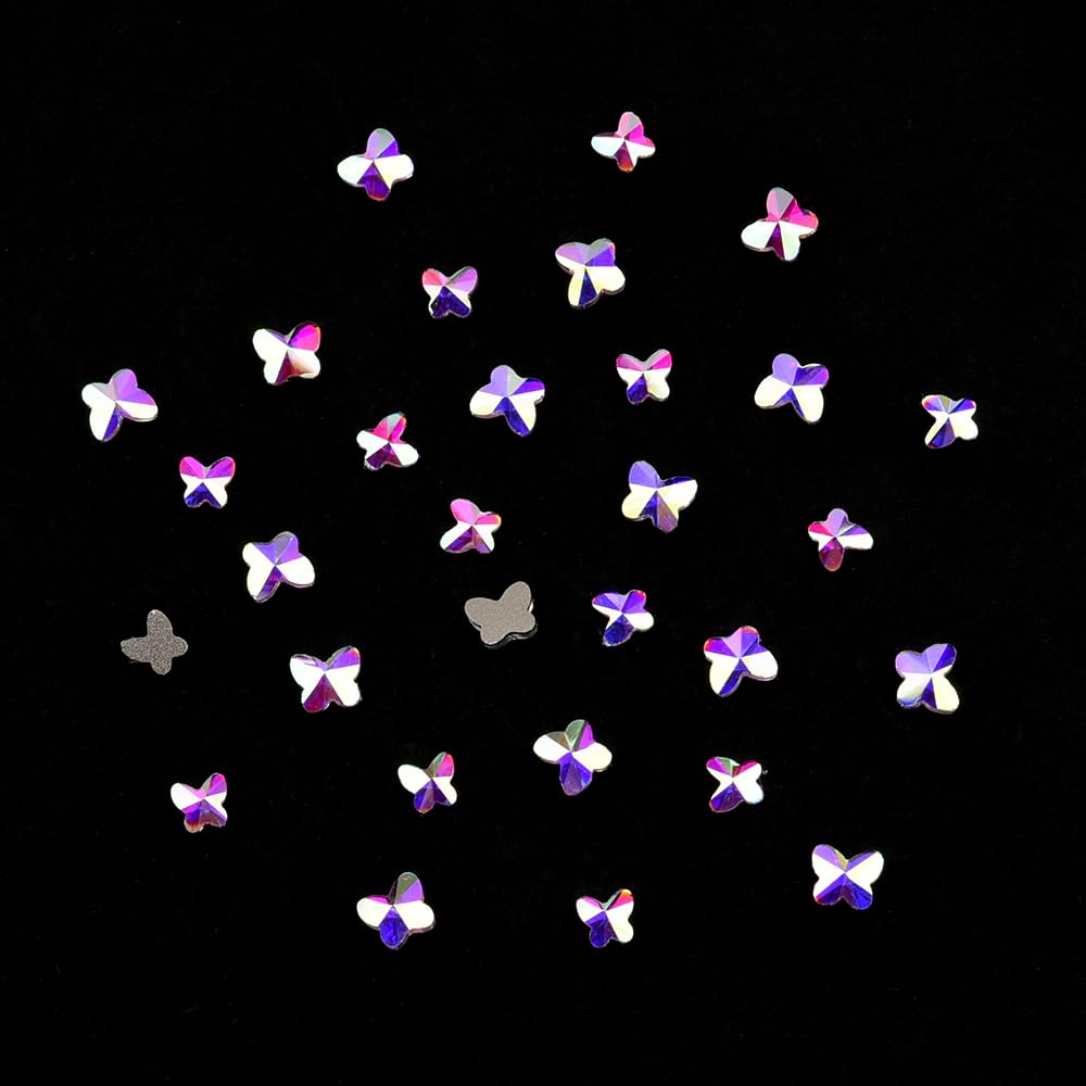 Tisslan 100pcs 2 Size Glass Flat Back Crystal Ab Butterfly Shape Nail Rhinestones 3D Stone Gems for Beauty Acrylic Nails Decoration DIY Crafts Accessories Supply